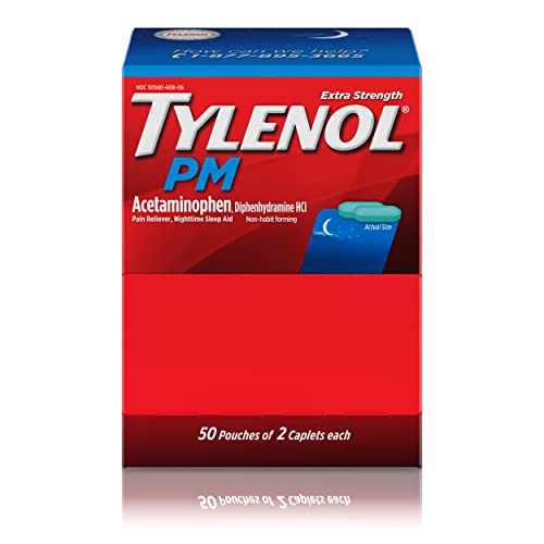 Tylenol PM Extra Strength Nighttime Pain Reliever Sleep Aid Caplets with Acetaminophen & Diphenhydramine HCl, Relief for Nighttime Aches & Pains, Travel Size, 50 Packs of 2 Caplets Drugstore Tylenol   