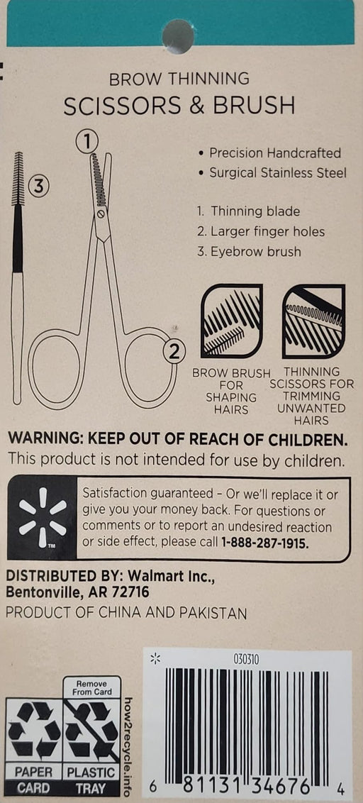 Scissors and Brush - Brow Thinning - Precision Handcrafted - Surgical Stainless Steel - Thinning Blade - Larger Finger Holes - Eyebrow Brush Tools Equate   