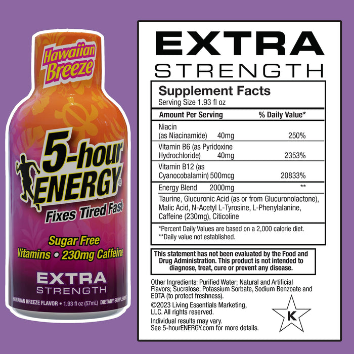 5-hour ENERGY Extra Strength Energy Shot | Hawaiian Breeze Flavor | 1.93 oz. | 24 Count | Sugar-Free & Zero Calories | B-Vitamins & Amino Acids | 230mg Caffeinated Energy Shot | Dietary Supplement Grocery 5-hour ENERGY   