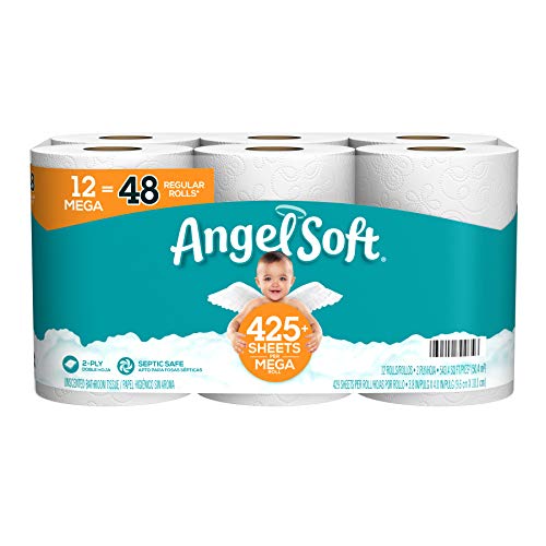 Angel Soft Toilet Paper, 12 Mega Rolls = 48 Regular Rolls, 425+ 2-Ply Sheets Per Roll Toilet Paper Angel Soft   