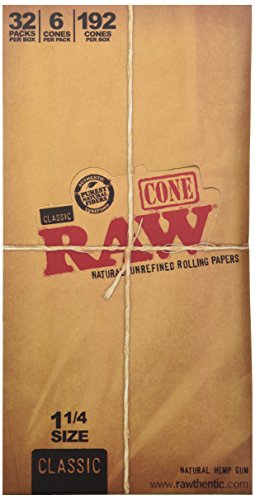 RAW Natural Unrefined 1.25 Cones Rolling Papers - Box of 32 Containers of 6 Cones Drugstore Raw Threads   