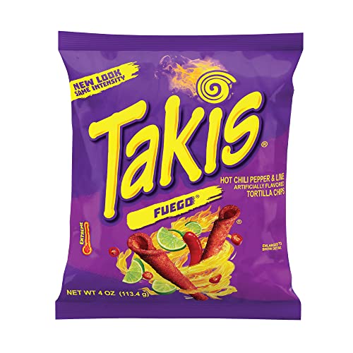 Takis Fuego Rolled Tortilla Chips, Hot Chili Pepper and Lime Artificially Flavored, 4 Ounce Bag Grocery Takis   