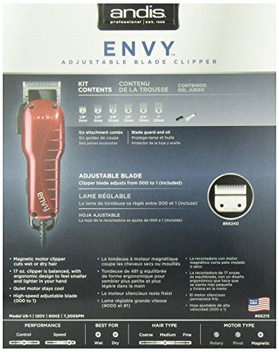 Andis 66215 Professional Envy Hair Clipper – High-Speed Adjustable Carbon-Steel Blade with Powerful Motor, 7200 Cutting Strokes Per Minute, Hanger Loop with Balanced Clipper"Red & Black Beauty Andis   