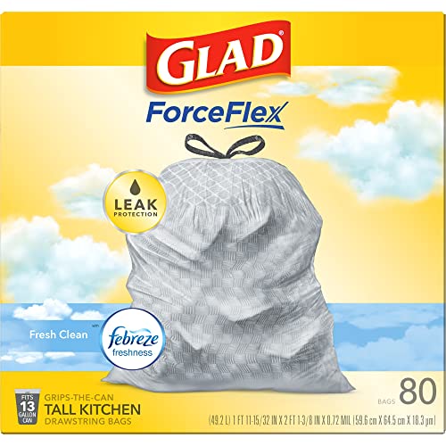 Glad® Tall Kitchen 5-Day OdorShield Trash Bags With Febreze® Freshness, 13 Gallons, Fresh Clean Scent, White, Pack Of 80 Trash Bags Drugstore Glad   