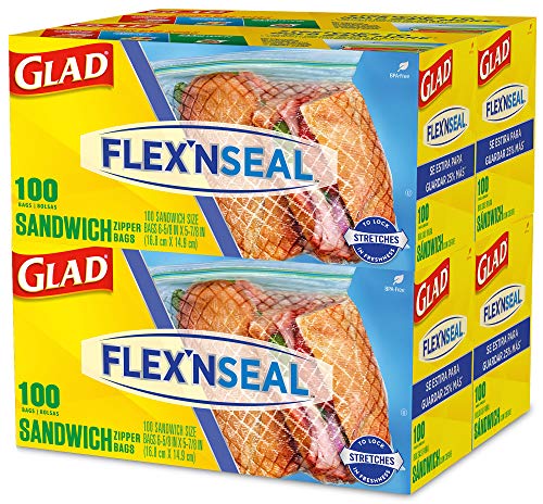Glad FLEXN SEAL Food Storage Plastic Bags - Sandwich - 100 Count (Pack of 4) Drugstore Glad   