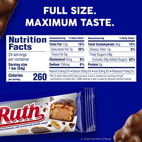 Baby Ruth, Chocolatey, Peanut, Caramel, Nougat, Individually Wrapped Full Size Candy, Great For Halloween Candy, 10.2 Oz, 24 Pack Chocolate Baby Ruth   